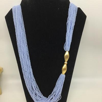 Beautiful Blue Glass Seeded Necklace Gold Accent