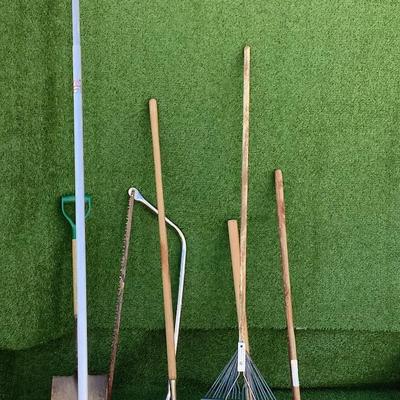 202 Lot of Eight Garden Tools - Rakes, Shovels, Axe, Sprinkler, Saw, Edger