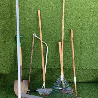 202 Lot of Eight Garden Tools - Rakes, Shovels, Axe, Sprinkler, Saw, Edger