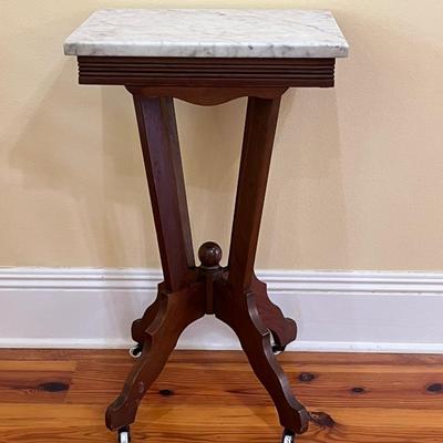 Solid Wood Side Table With Marble Top & Casters