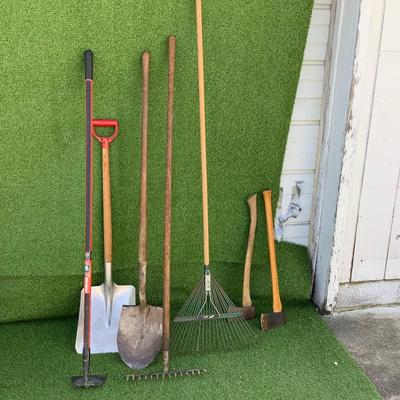 203 Lot of Seven Garden Tools - Shovels, Axes, Rakes, Hoe