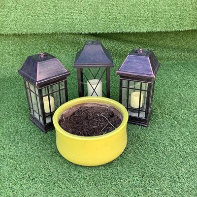207 Black Solar Lanterns and Glazed Ceramic Planter