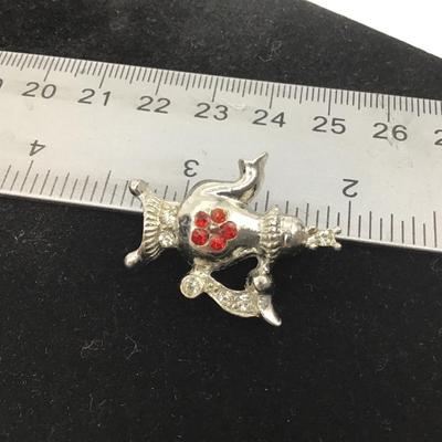 Vintage Brooch Red and Clear Rhinestones Silver Tone Coffee Pot Pin