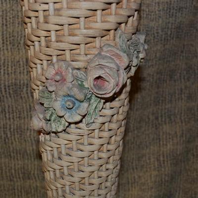 Early 20 th Century Wicker Plant Stand w/ Gesso Roses 44”x15”x15”