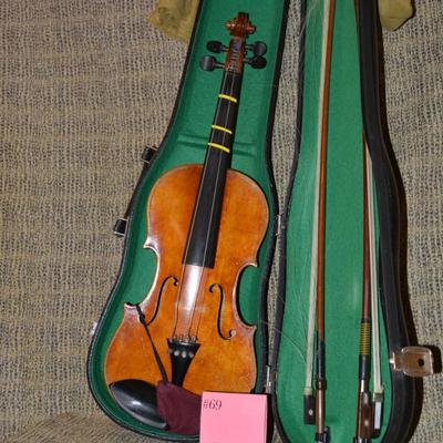 Sale Photo Thumbnail #692: Made in West Germany. Needs strings, but includes extra bridge and 2 bows. Case has some damage. 23.5"