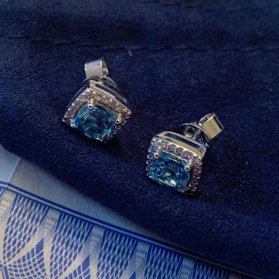 14k White Gold Swiss Blue Topaz and Diamond Earrings
