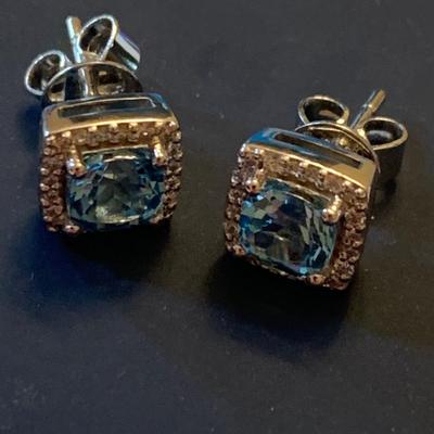 14k White Gold Swiss Blue Topaz and Diamond Earrings