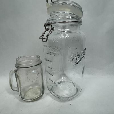 Large Mason Glass Jar with. hinged lid and small Ball jar