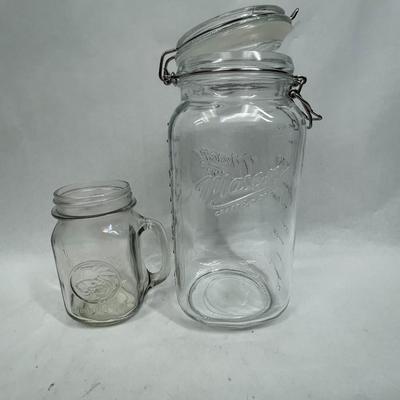 Large Mason Glass Jar with. hinged lid and small Ball jar
