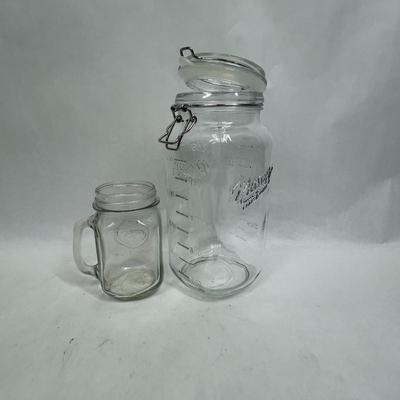 Large Mason Glass Jar with. hinged lid and small Ball jar