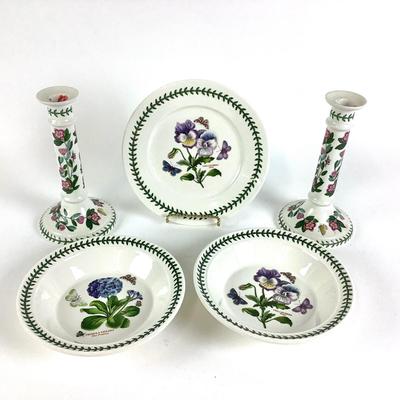 228 Portmeirion "Botanic Garden" Pair Candlesticks, Two Bowls & Plate