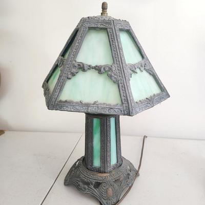 Vintage Green Slag Glass Table Lamp 3 way Lighting