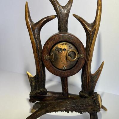 Antique Deer Antler Clock 10" Tall in Very Good Preowned Condition as Pictured.
