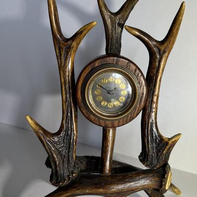 Antique Deer Antler Clock 10" Tall in Very Good Preowned Condition as Pictured.