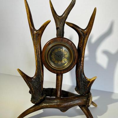 Antique Deer Antler Clock 10" Tall in Very Good Preowned Condition as Pictured.