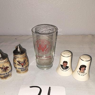 BUDWEISER AND KENNEDY SALT & PEPPER SHAKERS AND PRESIDENTIAL GLASS