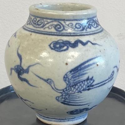 Qing Dynasty Bird Blue White Jar 4 x 4