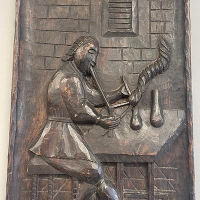 Vintage Folk Art Carved plaque 3D Medieval scribe