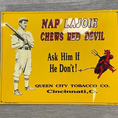 Np Lajoie Chew Red Devil Tobacco Advertising Sign