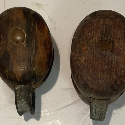 Two Antique Wood Block Tackle Pullies