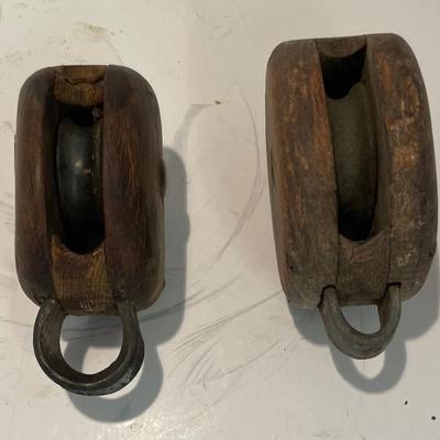 Two Antique Wood Block Tackle Pullies