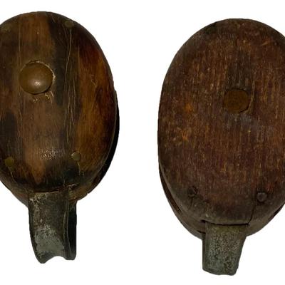Two Antique Wood Block Tackle Pullies