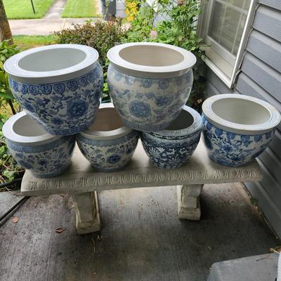 Lot of 6 Blue & White Flower Pot Planters 12" and 14" diameters