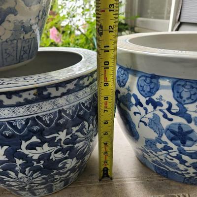 Lot of 6 Blue & White Flower Pot Planters 12" and 14" diameters