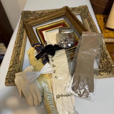 Ornate Wood Frames and Ladies Gloves Lot
