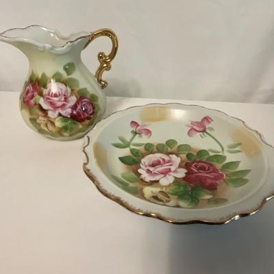 Antique Porcelain Pitcher and Bowl, hand painted, Japan stamped.