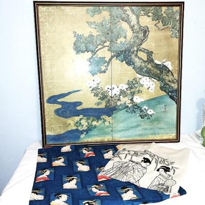 ASIAN THEMED FRAMED PICTURE AND MATERIAL