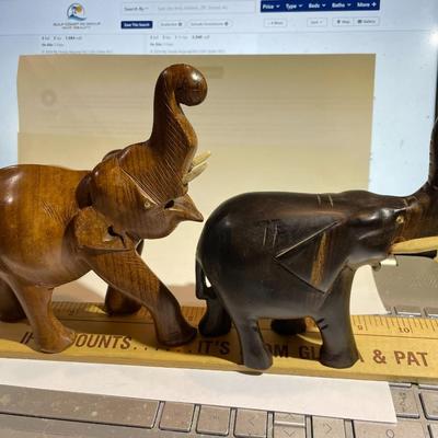 Vintage Pair of Hand Carved Wooden Elephants w/Tusks as Pictured.