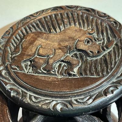 Vintage African Hand Carved Elephants and Rhinoceros Coaster Box Set w/6 Coasters as Pictured.