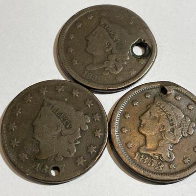 3 Holed 1800's U.S. Large Cents as Pictured.