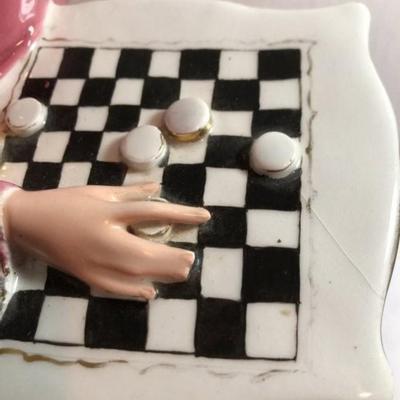 Vintage Ganci Carmelo Signed Ceramic Figurine of a Lady Playing Checkers Italy - 1950-1959 (Size 12" x 13") Preowned from an...