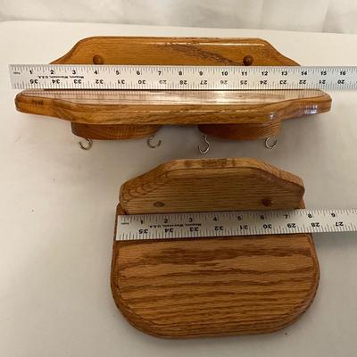 Two Wooden Oak shelves, one with necklace spinner