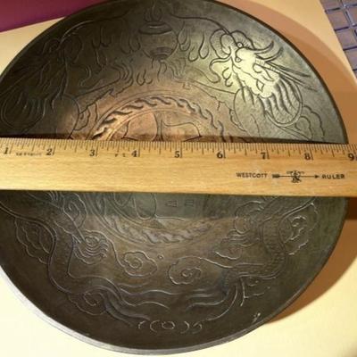 Chinese Solid Brass Etched Bowl 8.75" Diameter Preowned Made in China in Good Condition.