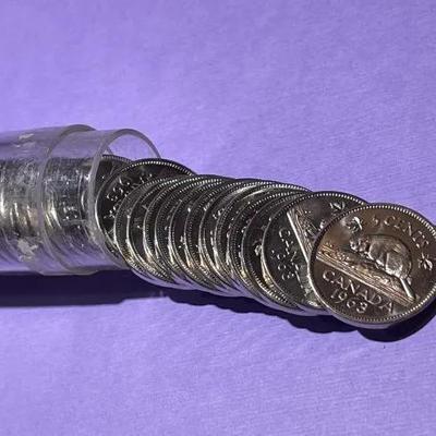 CANADA 1963 CHOICE BU ROLL OF 40-COINS QUEEN ELIZABETH-II 5-CENT COINS as Pictured.
