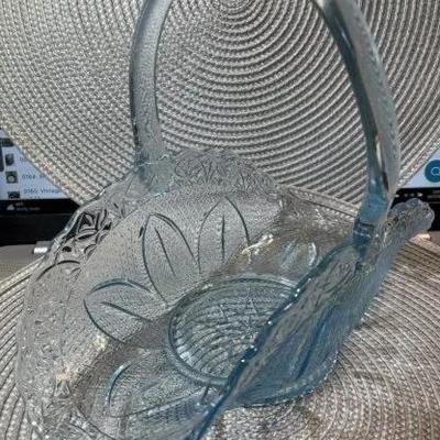 Vintage Princess House Capri Aqua Light Ice Blue Art Glass Bridal Basket 10” Blue Glass Basket Made by Fenton.