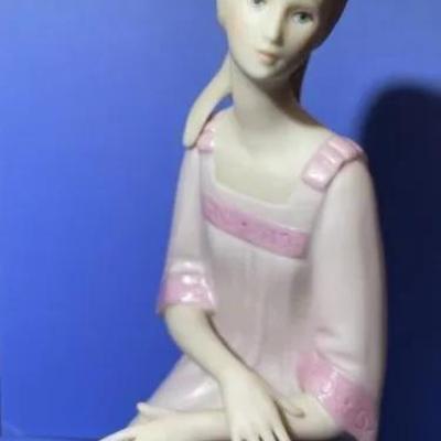 Vintage Estate Laszlo Ispanky Hand Signed - Girl Sitting in Pink Dress Lost in Thought - Folded Hands and Legs with a Flower - Porcelain...