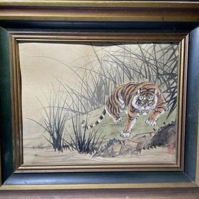 Vintage Asian Tiger Watercolor on a Silk Coated Painting Frame Size 11