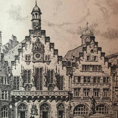 Germany Frankfurt Original Etching Print, Frame Size 12.75" x 16" Hand Pencil Signed Preowned from an Estate.