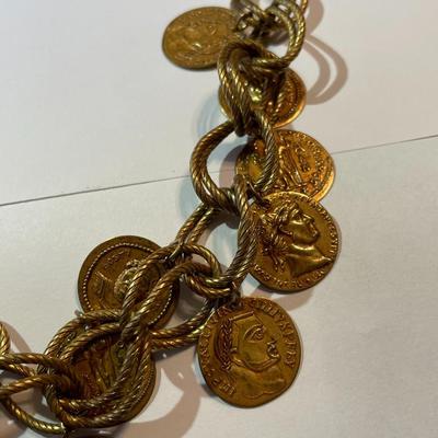 Vintage Mid-Century Brass Ancient Coin Style Necklace 19" & Charm Bracelet 7.5" in Good Preowned Condition.