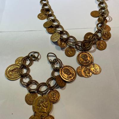 Vintage Mid-Century Brass Ancient Coin Style Necklace 19" & Charm Bracelet 7.5" in Good Preowned Condition.