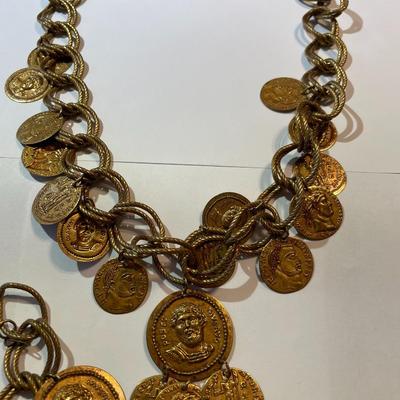 Vintage Mid-Century Brass Ancient Coin Style Necklace 19" & Charm Bracelet 7.5" in Good Preowned Condition.