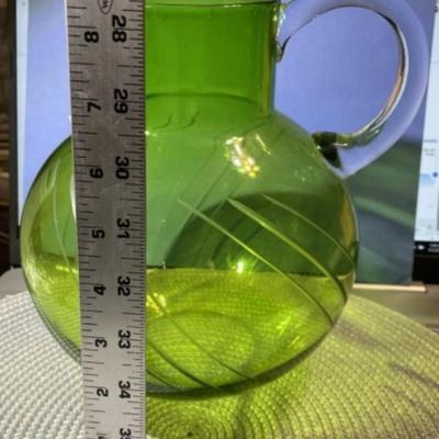 Vintage Large Mid Century Etched Green Glass Ball Pitcher in Good Preowned Condition.