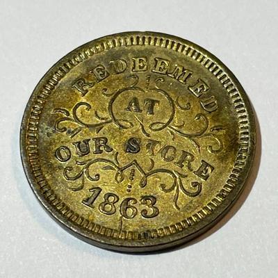 Scarce 1863 Civil War Merchant Token Robinson Ballou Troy NY AU Condition as Pictured.