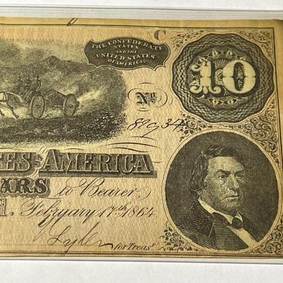 Confederate States of America 1864 $10 Circulated Condition Banknote/Currency as Pictured.