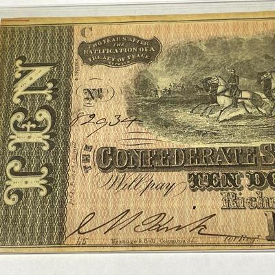 Confederate States of America 1864 $10 Circulated Condition Banknote/Currency as Pictured.