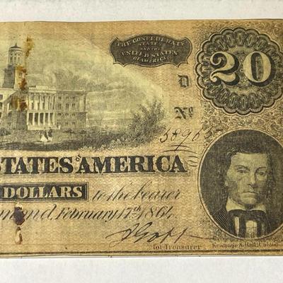 Confederate States of America 1864 $20 Circulated Condition Banknote/Currency as Pictured.